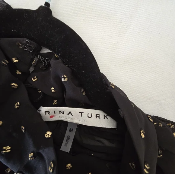 Trina Turk Quiet Luxury Sheer Ballon Sleeve Black Blouse W/Gold Accents M - Picture 2 of 14